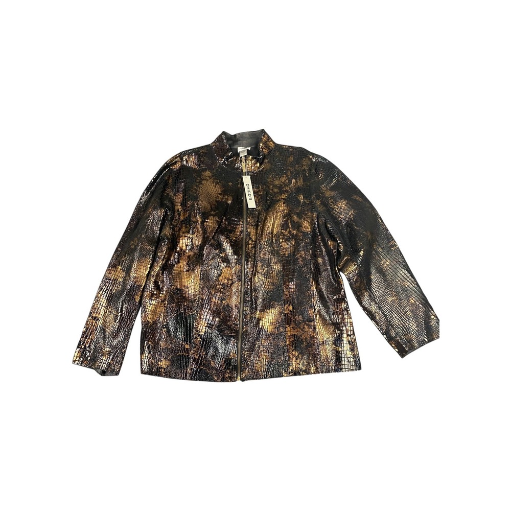 NWT Chicos Reversible‎ Leather Jacket Animal Print Snake Skin Gold Black Size 3
